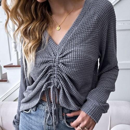 Sexy Lace Up Knitting Pullover Top Fashion 2021 New Autumn Winter Sweater Women Chic Gray V-neck Knit Slim Jumper Pull Femme