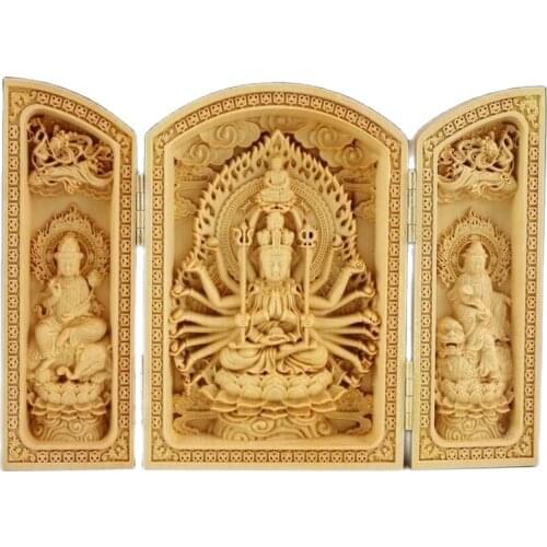 Oriental Vintage Boxwood Handwork Carved Buddha Statue AQQ