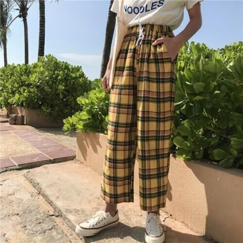 Yellow Plaid sweatpants women Vintage Pants Women Casual Drawstring Trousers Women Loose Wide Leg Pants 2020 Spring Summer