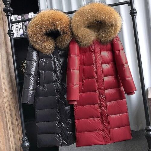2021 White Duck Down Jacket Women Big Raccoon Fur Collar Thick Long Winter Coat Women Hooded S-6XLFemale Puffer Warm Jacket