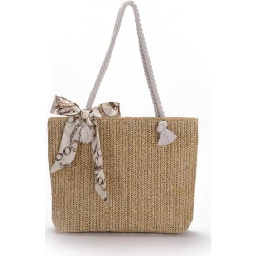 Women Summer Straw Shoulder Bag, Handmade Lightweight Tote Purse with Silk Scarf,Large capacity handbag