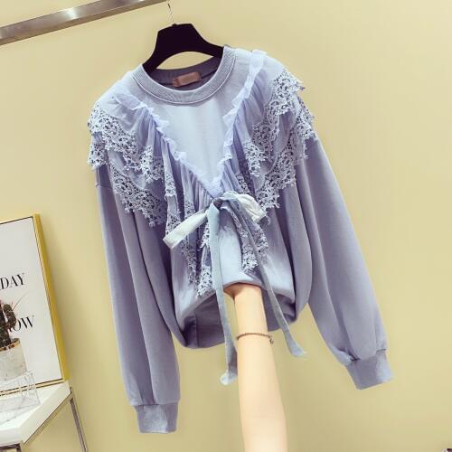 Lace-up Bow Lace Mesh Panel Sweatshirt Womens 2020 Spring Autumn New Loose Pullovers Hoodies Top Ladies Hoodie Sudadera Mujer