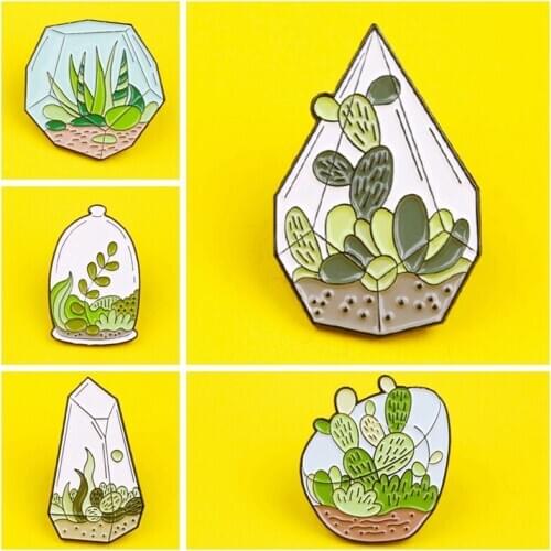 Cartoon Badges Cartoon Glass Closed Plant Pot Brooches Creative Cactus Aloe Green Plant Enamel Pin Jewelry Lapel Pin Accessories