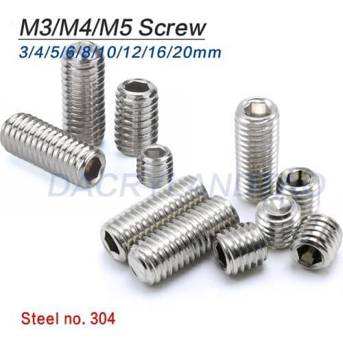10pcs Stainless Steel 304 M3/M4/M5*3/4/5/6/8/10/12/16/20mm Hex Socket Head Set Screw Grub Screw