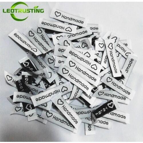 150pcs/Lot Stock Clothing Label Tags White Woven Labels Handmade With Love 15x60mm End Folded Black Yarn Embroidered Labels