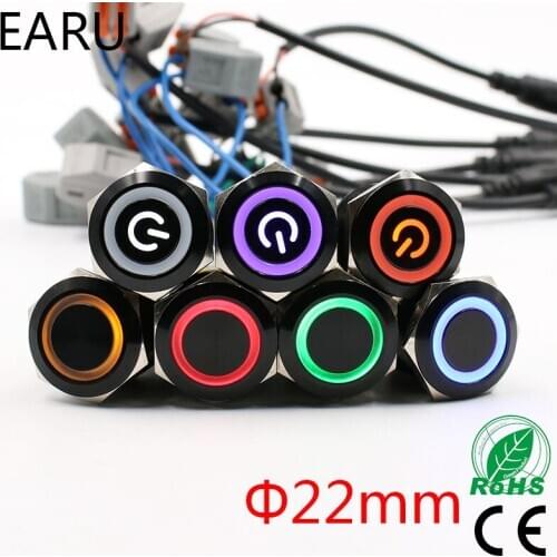 22mm Alumina Black LED Light Waterproof Metal Push Button Switch Latching Momentary Fixation LED Light 3-380V 24V Red Blue Green