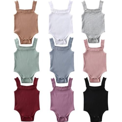 3M-24M Newbown Solid Playsuits Baby Summer Clothing Baby Girl Sleeveless Cotton Bodysuit Girls Ribbed Ruffled Jumpsuits