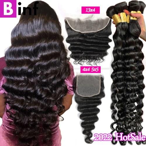 36 38 40 Inch Indian Loose Deep Wave Bundles With Frontal 4x4 5x5 6x6 Closure With Bundles 3/4 Bundles With Closure Remy Hair