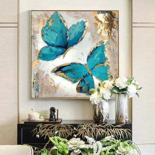 Abstract Blue Butterfly and Flowers Canvas Painting Posters and Prints Cuadros Wall Art Pictures for Living Room Home Decoration