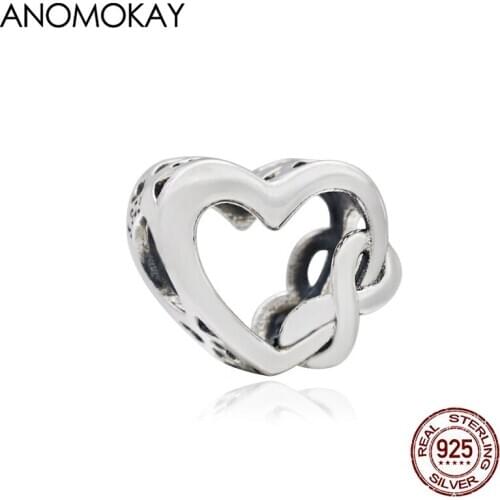 Anomokay Romantic Classic Openwork Heart Beads fit Bracelet & Bangle Real 925 Sterling Silver Bow Love Charms for DIY Jewelry