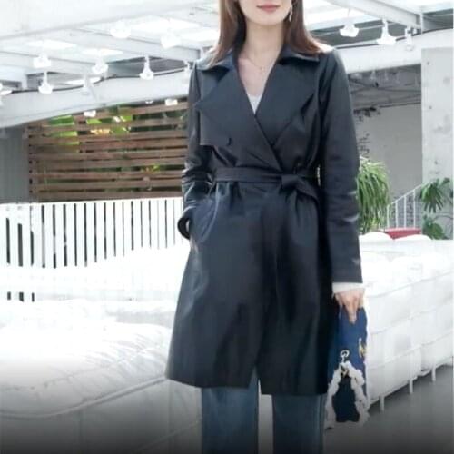 Black Genuine Leather Womens Sheepskin Coat for Spring Jacket Woman 2021 Long Basic Oversized Female Outerwear with Belt New