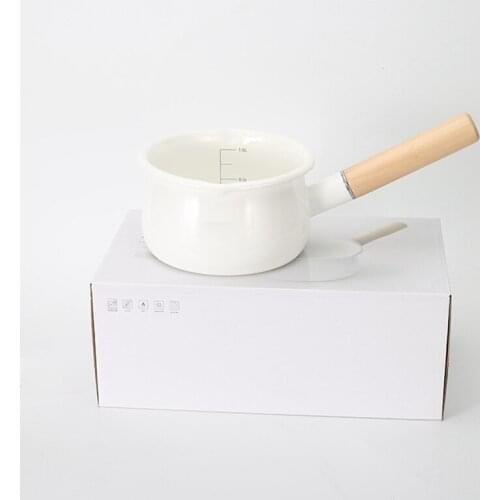 Hot Enamel Milk Pot Wooden Handle Gas Stove Induction Cooker Baby Breakfast Milk Coffee Pot Cookware Single Handle Pan