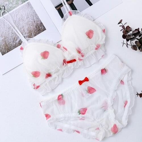 Strawberry Summer Chiffon Bra & Panties Set Ruffles Trim Wirefree Soft Underwear Sleep Intimates Set Kawaii Lolita
