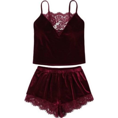 Fashion Women 2pcs Velvet Sleepwear Sexy Lace Spaghetti Strap Velvet Shorts Pajama Set Ladies Sleepwear female Pajama Party Set