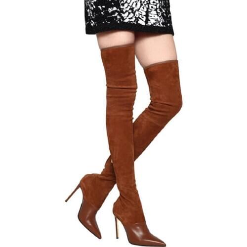 Fashion Women Long Boots Womens Black Brown Suede Elastic Thigh Boot Over-the-knee Modern Boots Sexy Shoes Woman Botas De Mujer