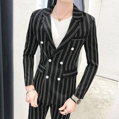 Latest Summer Black Green Stripe Men Suit Business Formal Male Double Breasted Suits Casual Lapel Slim Fit Wedding Groom Tuxedo