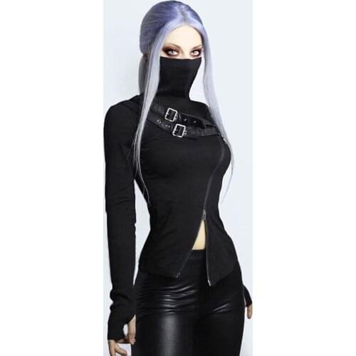 Punk Leather Patchwork Black Tops Women Gothic Streetwear Sexy Zipper Turtleneck Long Sleeve Tops Skinny Autumn T-shirts 2020