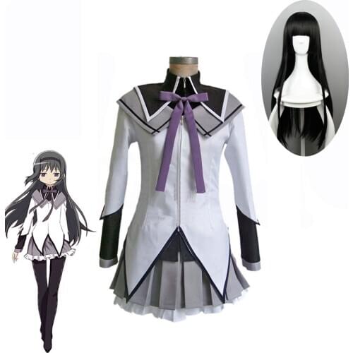 Hot Anime Puella Magi Madoka Magica Akemi Homura Cosplay Costume Clothing Akemi Homura Cosplay Wigs Long Straight Black Hair