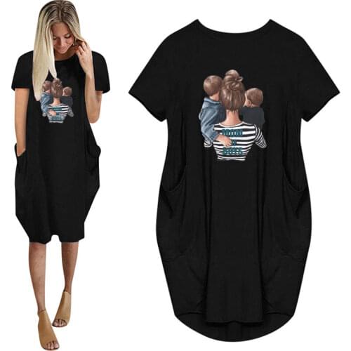 Striped Boys Cute Mom Crown Mother Mama Women Summer Casual Loose Dress With Pocket Ladies O Neck Long Tops Female T Shirt Dress