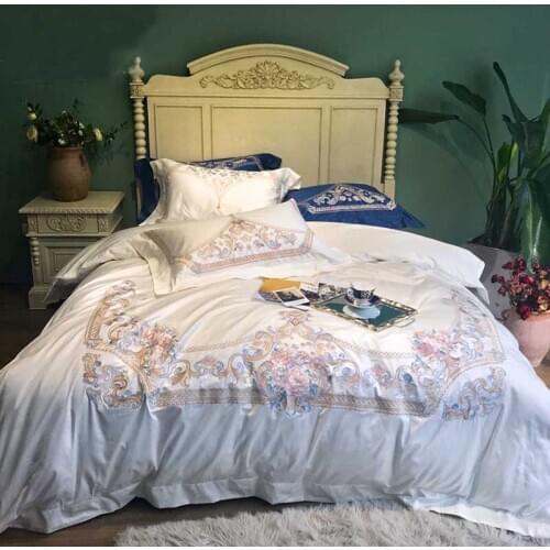 Luxury Embroidered White 120S Egyptian cotton Royal Bedding sets Queen King Wedding Duvet cover Bed sheet set Pillowcases 4pcs