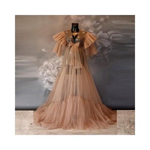 Sexy Maternity Tulle Dresses Women Ruffles Tiered Robe Sheer See Through Long Floor Length Dress Photo Shoot Pregnancy Prom Gown