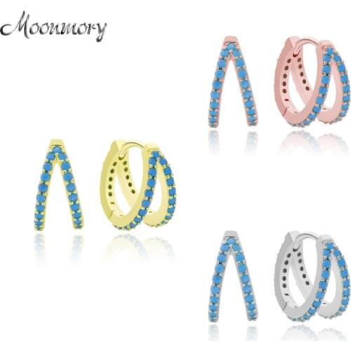 Moonmory Fashion 925 Sterling Silver CZ Full Stone Turquoise Moon Hoop Earring Colorful Double Hoop Earring For Women Jewelry