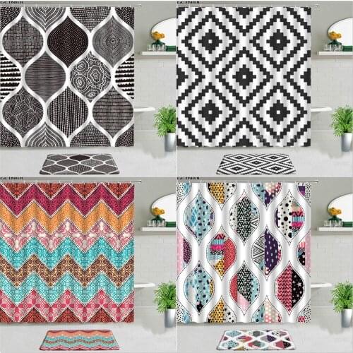 Boho Black Stripe Shower Curtains Bathroom Waterproof With Hooks Geometric Pattern Decorative Bathtub Screen And Flannel Carpet