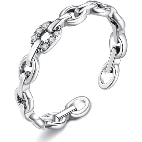 SILVERHOO 925 Sterling Silver Opening Geometric Chain Ring For Women Cubic Zirconia Female Finger Rings Wedding Fine Jewelry