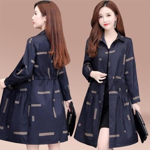 Blue Print Windbreaker Mid-length Loose Korean Jacket 2021 Female Autumn Winter Fashion Jacket Thin Casual Trench Coat For Women