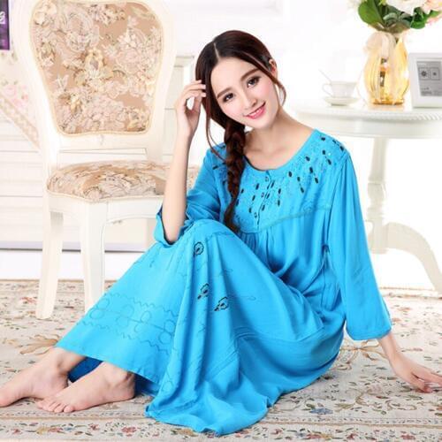 Blue Female Casual Nightgown Bathrobe Gown Cotton Sleepwear Embroidery Night Dress Sleepshirt Long Sleeve Loose Nightwear