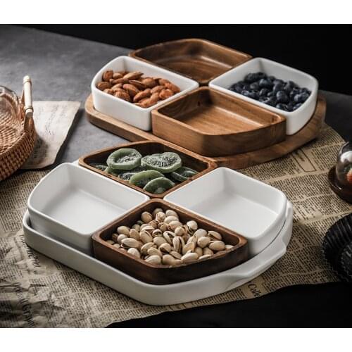 Solid wood snack plate ceramic candy snack plate household living room coffee table compartment storage box dried fruit plate