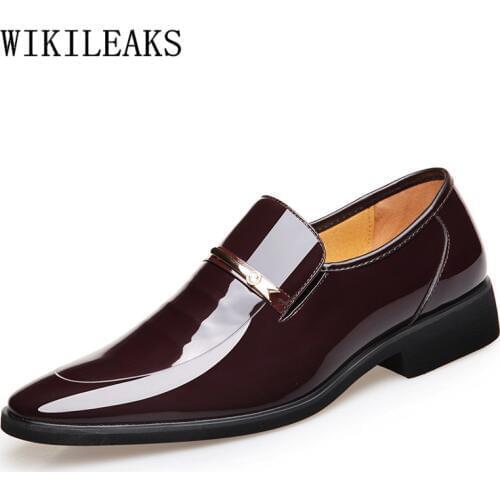 Men Formal Wedding Shoes Luxury Brand Metal Decoration Slip On Oxford Shoes For Men Italian Patent Leather Classic Dress Shoes