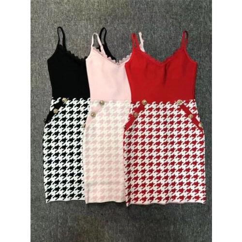 Hight Quality Sexy V Neck Spaghetti Straps Black Red Jacquard Rayon Bandage Dress Sexy Night Club Party Dress