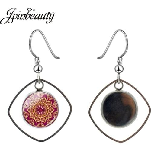 JOINBEAUTY New 2020 Mandala Flower Geometry Pattern Hollow Out Square Drop Earrings Glass Cabochon Handmade Earrings B401