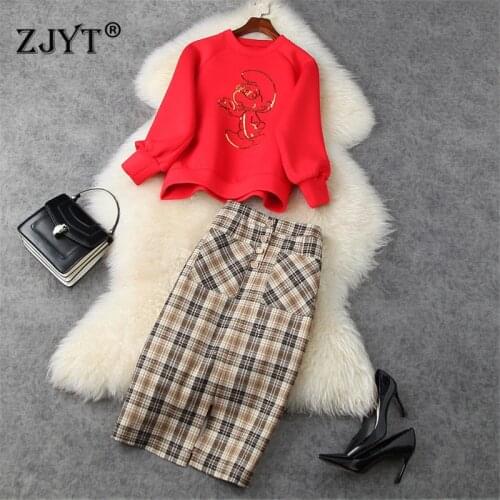 High Street Fashion Women Long Sleeve Sequined Loose Hoodies Top and Plaid Pencil Skirt Suit Set Casual Office Lady Twinset