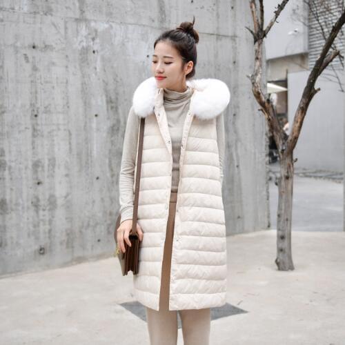 New Women Sleeveless Hooded Jacket Ultra Light White Duck Down Vest Parka Female Large Fur Collar Long Down Waistcoat Coat A1105