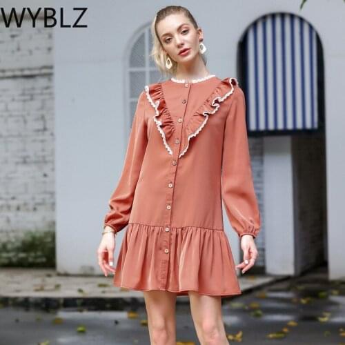 WYBLZ 2021 Spring Women Beach Dress Casual O-Neck Long Sleeve Ruffle Sundress Boho Elegant Loose Pink Summer Vestidos