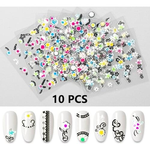10 Sheets 3D Nail Sticker Transparent Bottom Colorful Flower Design Nail Sticker Decoration