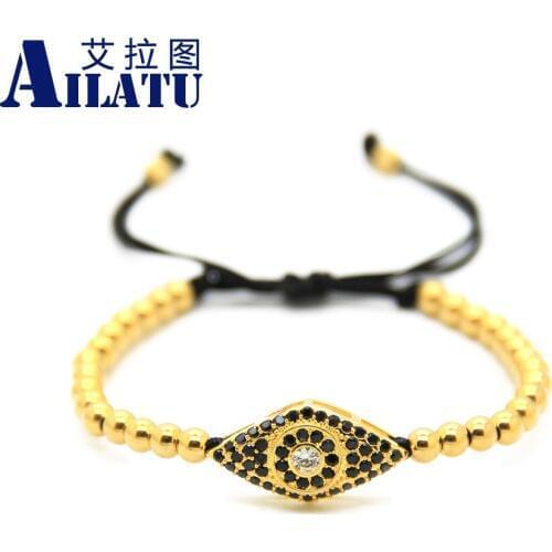 Ailatu 4mm Round Bronze Beads Fashion Jewelry Black CZ Eye Braiding Macrame Bracelet