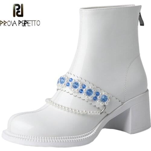 White Patent Leather Boots Childrens Doll Round Head Thick Heel High Heel Short Boots Crystal Beaded Short Tube Single Boots