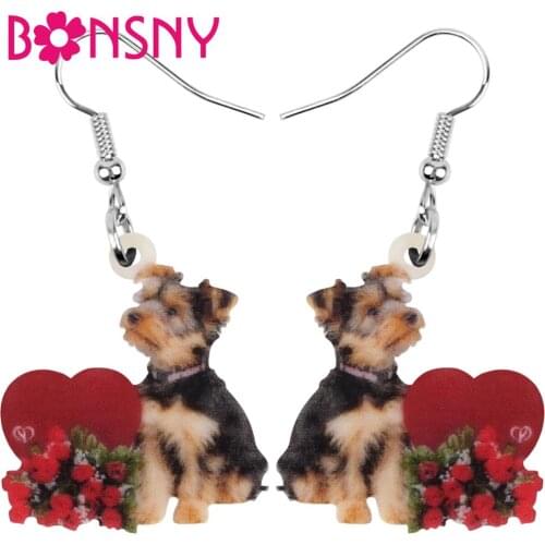 Bonsny Acrylic Valentines Day Love Rose Schnauzer Dog Earrings Drop Dangle Jewelry For Women Girls Teens Charm Decorations Gift