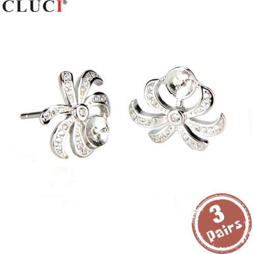 CLUCI 3 pair wholesale 925 Sterling Silver Stud Earrings Silver 925 Jewelry Pearl Earrings Mounting Stud Earrrings SE037SB