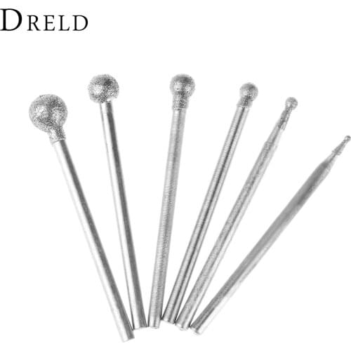 DRELD 6Pcs 2.35mm Shank Diamond Spherical Polishing Grinding Head Mounted Points Grinding Bit for Dremel Rotary Tools F Needle