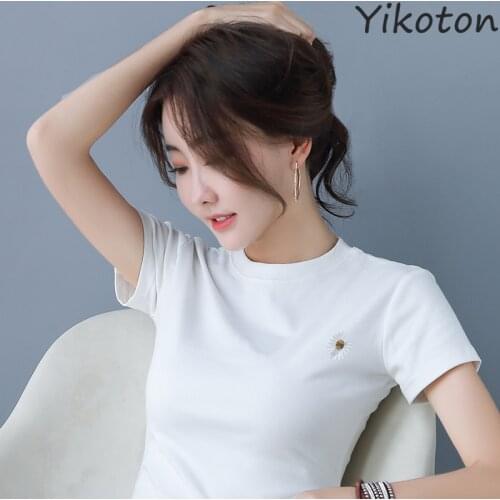 Embroidery Tshirt Feminina Summer T Shirt Women Solid White Slim 2021 Short Sleeve O-Neck Top Cotton Tee Basic Ladies Clothing