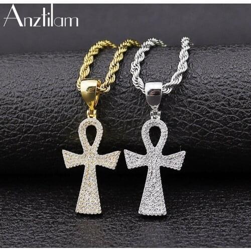 Hip Hop Gold Color AAA CZ Stone Paved Bling Iced Out Egyptian Key of Life Ankh Cross Pendants & Necklace for Men Rapper Jewelry