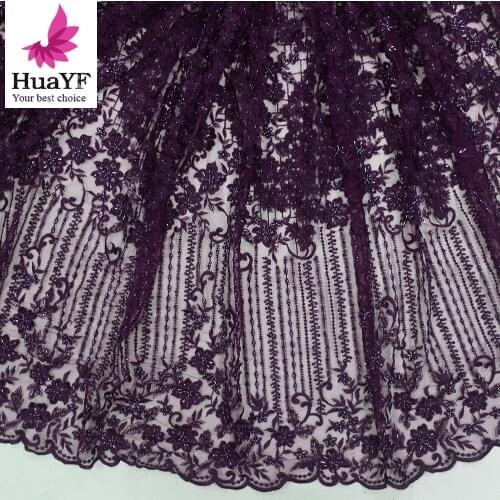 Classic African lace fabric embroidered with beading dark purple color elegant HY1270-5