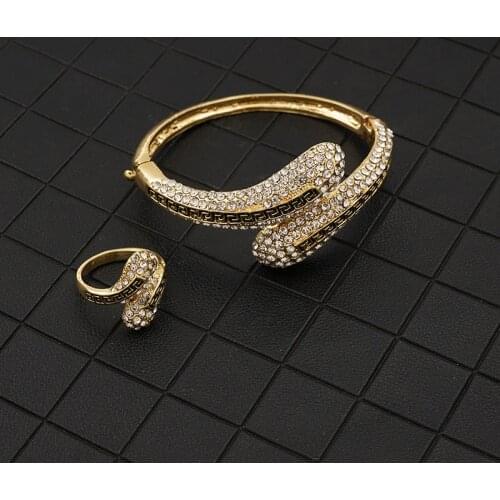 Classic golden rhinestone snake head bracelet snake head ring holiday gift jewelry
