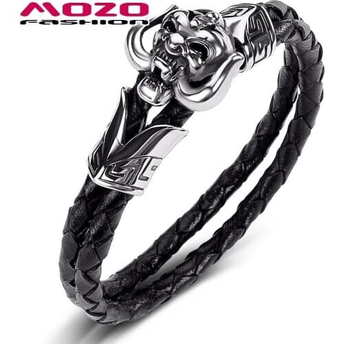 Leather Bracelet Fashion Bangle Men Jewelry Black Double Layer Stainless Steel Punk Daemon Charm Current PS1018