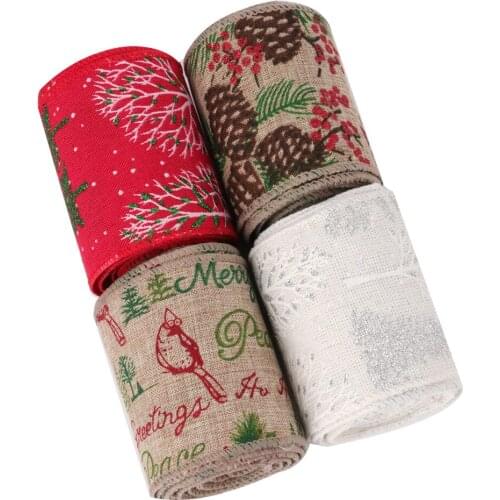 Christmas Linen Ribbons Glitter Printed Webbing Christmas Tree Elk Christmas Decoration DIY Bows Supplies Handicrafts 70mm 2y