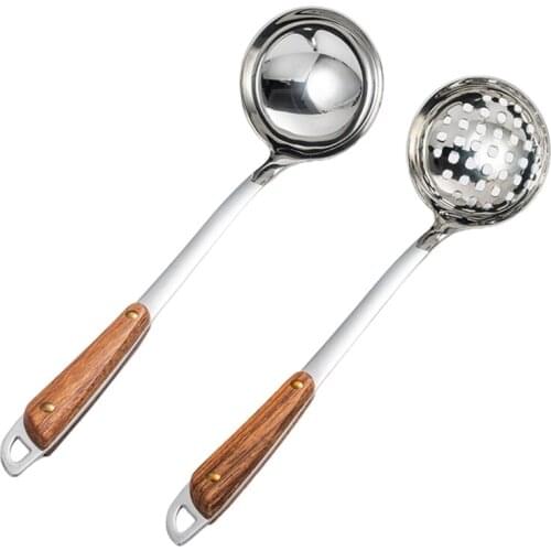 Stainless Steel Hot Pot Soup Spoon Scoop Long Handle Wooden Colander Kitchen